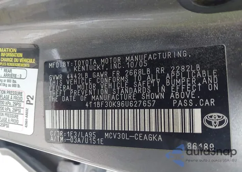 2006 Toyota Camry Xle V6 from USA, damaged, VIN 4T1BF30K96U627657